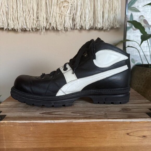 90s Vintage Puma Rudolf Dassler Black Ivory Leather Mid Lug Sole Boots Size 12 - Picture 8 of 17